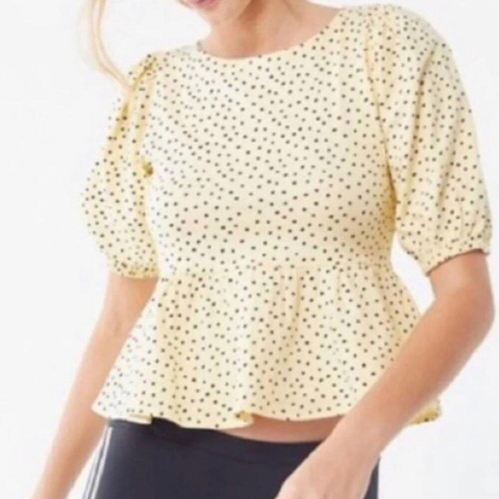 Urban Outfitters Pale Yellow Polka Dot Tie Open Back Peplum Top Large